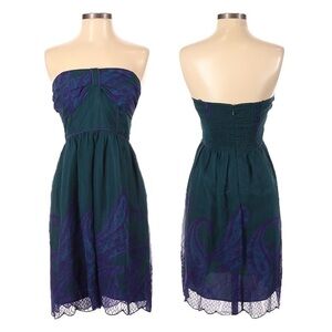 Hype Teal Blue 100% Silk Brocade Embroidered Strapless Dress Size 8